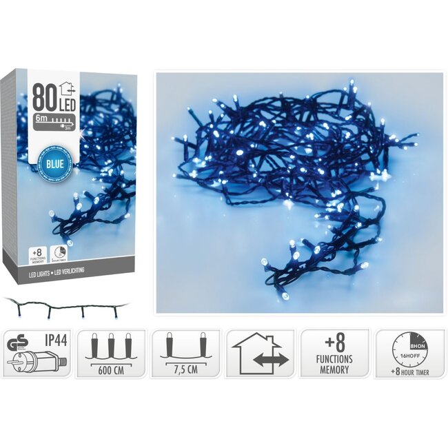 Weihnachtslichterkette - 80 LEDs - 6 m - Blau - Timer, Lichtfunktionen und Speicher - Außen