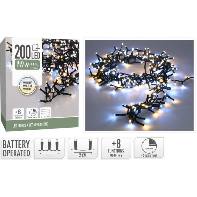 Microcluster-Lichterkette - 200 LEDs - 4 m - Two Tone Adorable - Batteriebetrieben - Lichtfunktionen, Memory-Funktion und Timer
