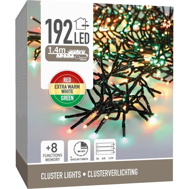 Cluster-Lichterkette - 192 LEDs - 1,4 m - Traditioneller Dreifarbmix - Batterie - Lichtfunktionen, Speicher und Timer
