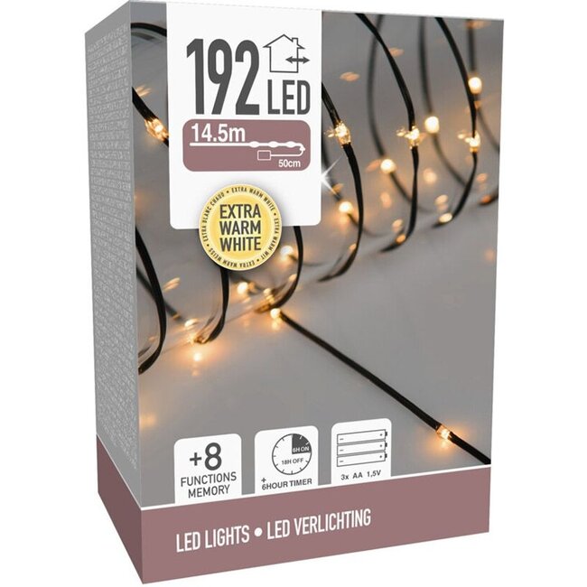 LED-Lichterkette - 192 LEDs - Extra warmweiß - Batteriebetrieben - 8 Lichtfunktionen und Timer - Soft Wire