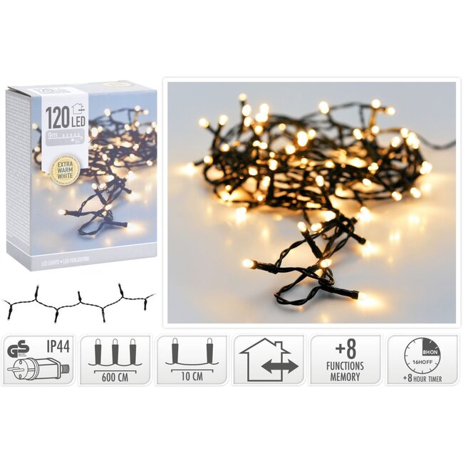 LED-Weihnachtslichterkette für außen - 120 LEDs, 9 m, Extrawarmweiß, Timer, Lichtfunktionen und Speicher
