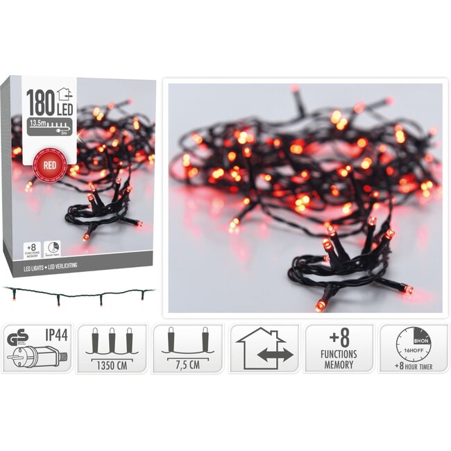Christmas lights 180 LED - 13.5m - red - Timer - Light functions - Memory - Outdoor