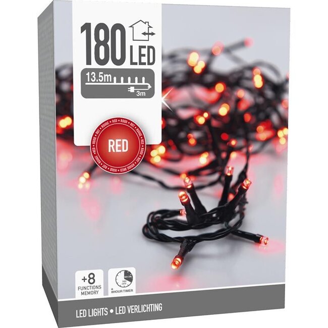Christmas lights 180 LED - 13.5m - red - Timer - Light functions - Memory - Outdoor