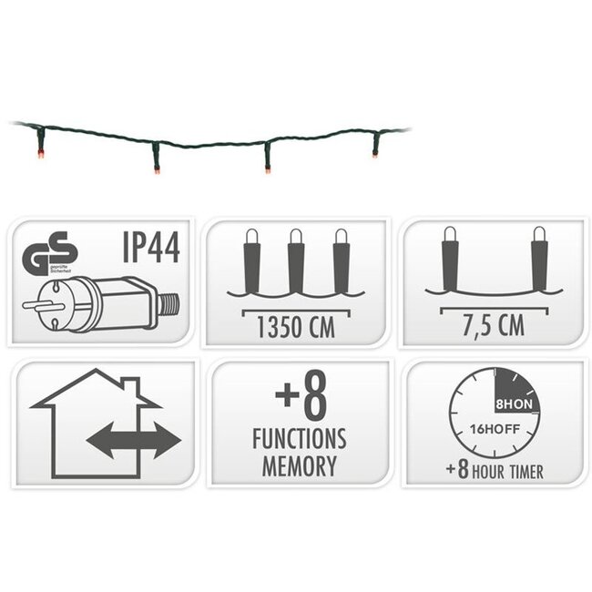 Christmas lights 180 LED - 13.5m - red - Timer - Light functions - Memory - Outdoor