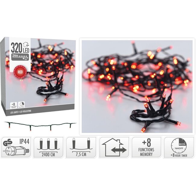 Christmas lights 320 LED - 24m - red - Timer - Light functions - Memory - Outside