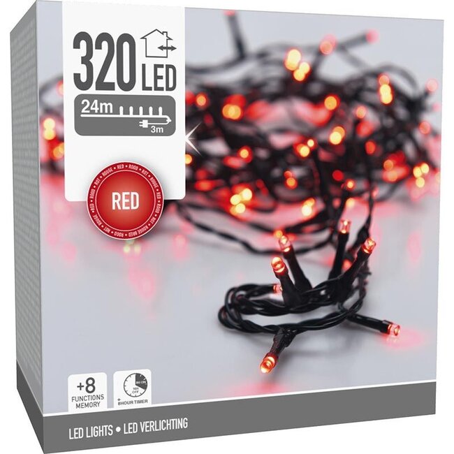 Weihnachtslichterkette - 320 LEDs - 24 m - Rot - Timer, Lichtfunktionen und Speicher - Außen