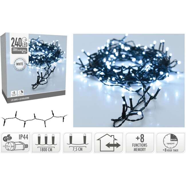 Weihnachts-Lichterkette - 240 LEDs - 18 m - Weiß - Timer, Lichtfunktionen und Memory-Funktion - Für außen