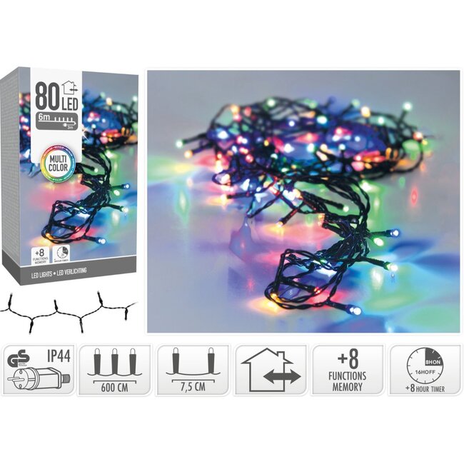 Weihnachtslichterkette - 80 LEDs - 6 m - Mehrfarbig - Timer, Lichtfunktionen und Speicher - Außen