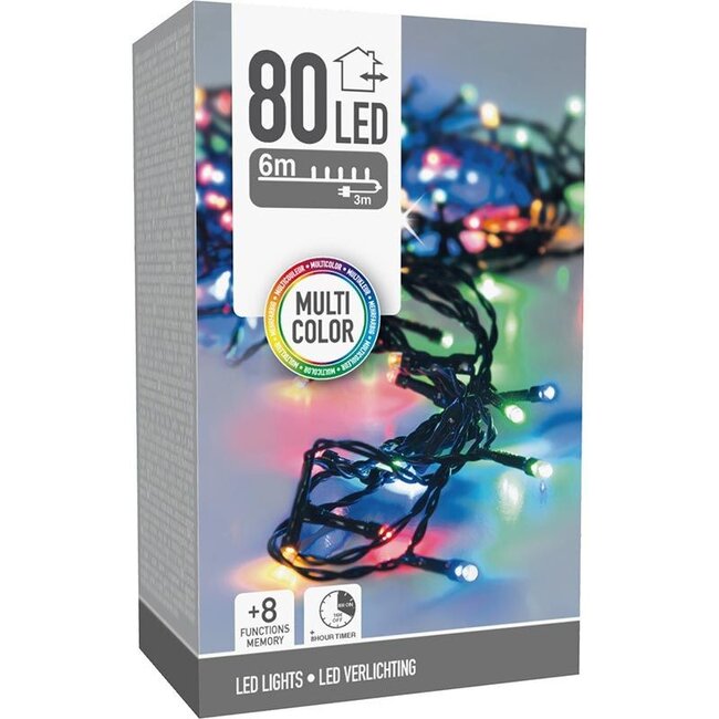 Weihnachtslichterkette - 80 LEDs - 6 m - Mehrfarbig - Timer, Lichtfunktionen und Speicher - Außen