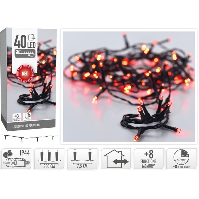 Christmas lights 40 LED - 3m - red - Timer - Light functions - Memory - Outside