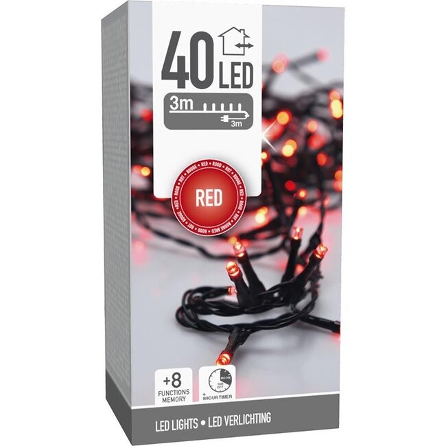 Weihnachts-Lichterkette - 40 LEDs - 3 m - Rot - Timer, Lichtfunktionen und Memory-Funktion - Für außen