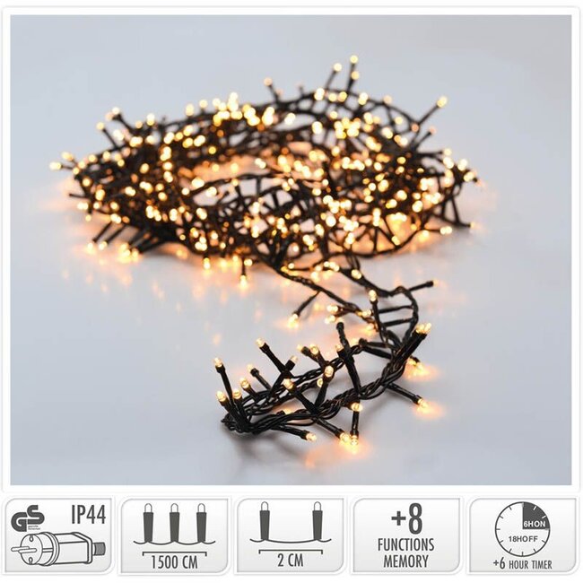 Micro cluster Christmas lights on reel – 15 m, 750 extra warm white LEDs, 8 modes and timer