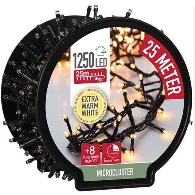 25 m Micro Cluster Christmas Lights with Reel – 1,250 Extra Warm White LEDs, Timer & 8 Modes