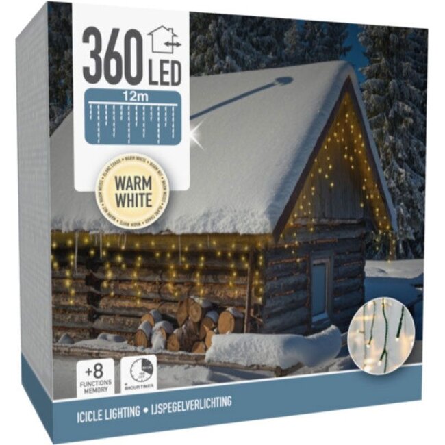 12 m Icicle Christmas Lights – 360 Warm White LEDs – Timer & Memory