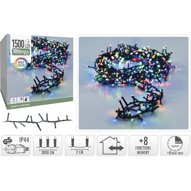 30 m Microcluster-Weihnachtslichterkette – 1.500 bunte LEDs, 8 Funktionen, Timer und Speicher
