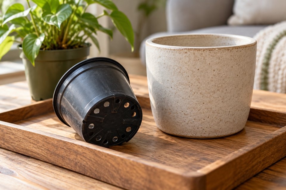 Empty nursery pot with drainage holes beside a decorative pot