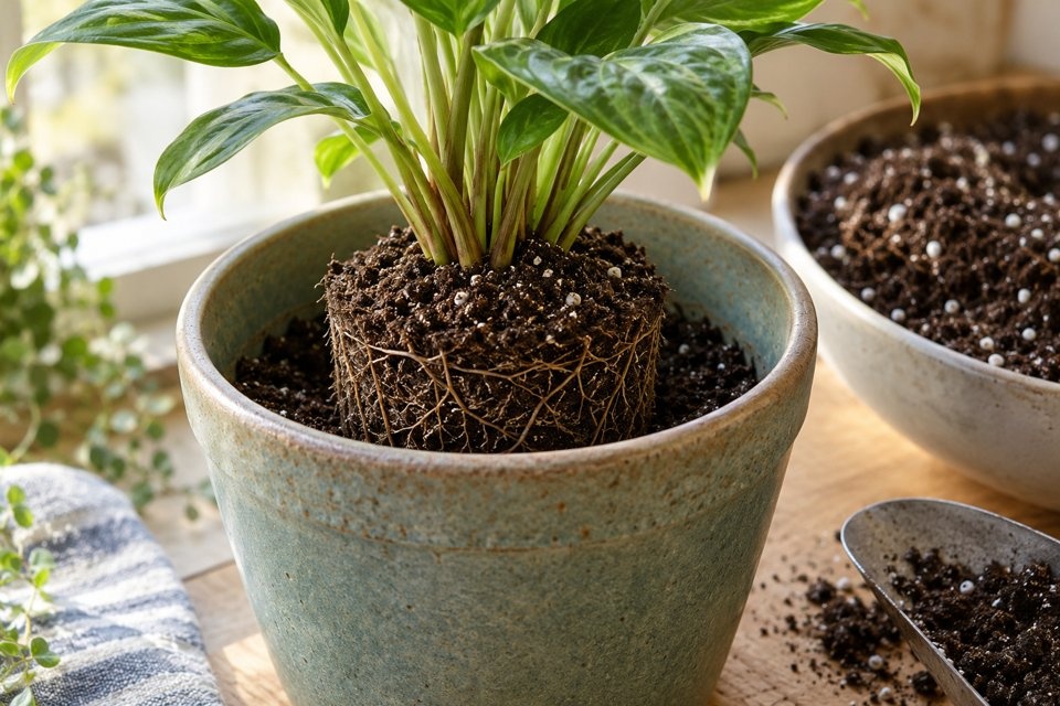 Root ball during preparation for repotting