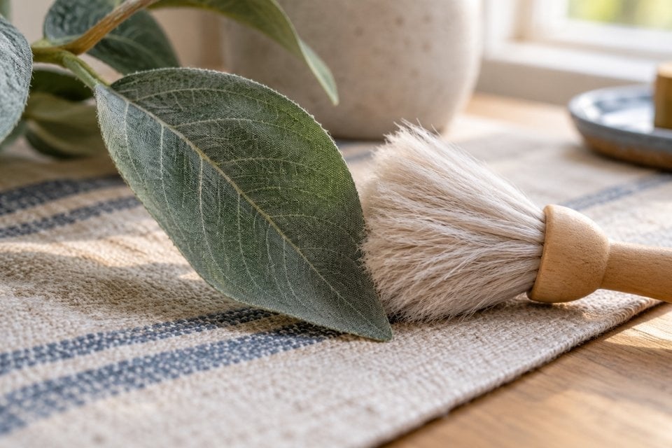 Fabric artificial leaf beside a soft dusting brush