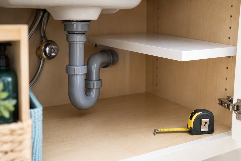 Waste trap and usable space inside an under-sink cabinet