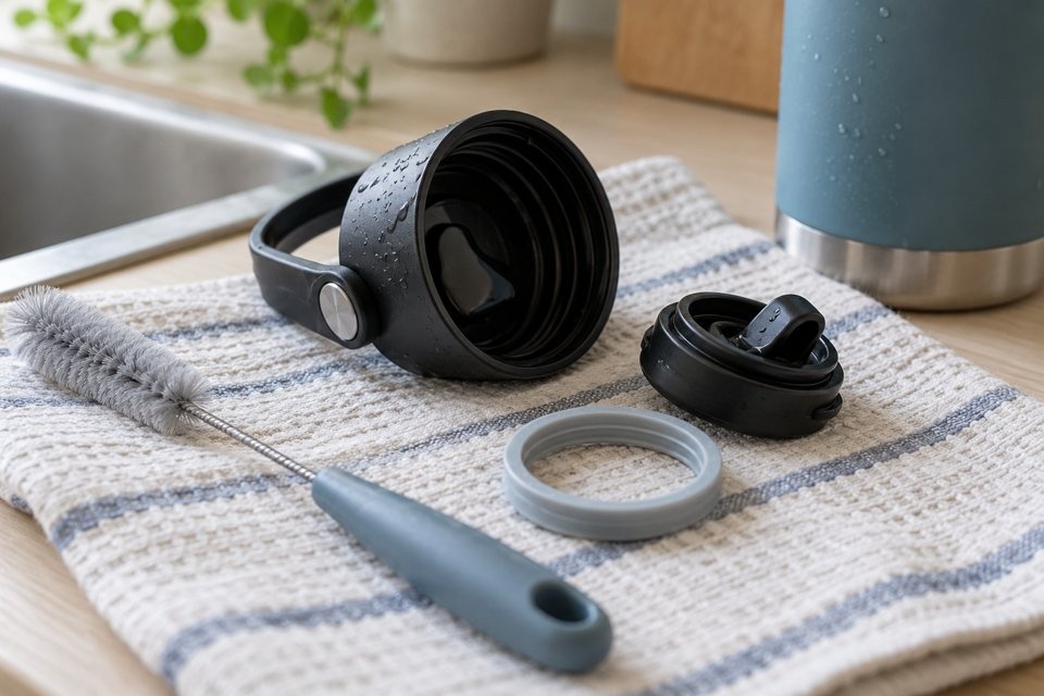 Bottle lid with separate seal and soft cleaning brush