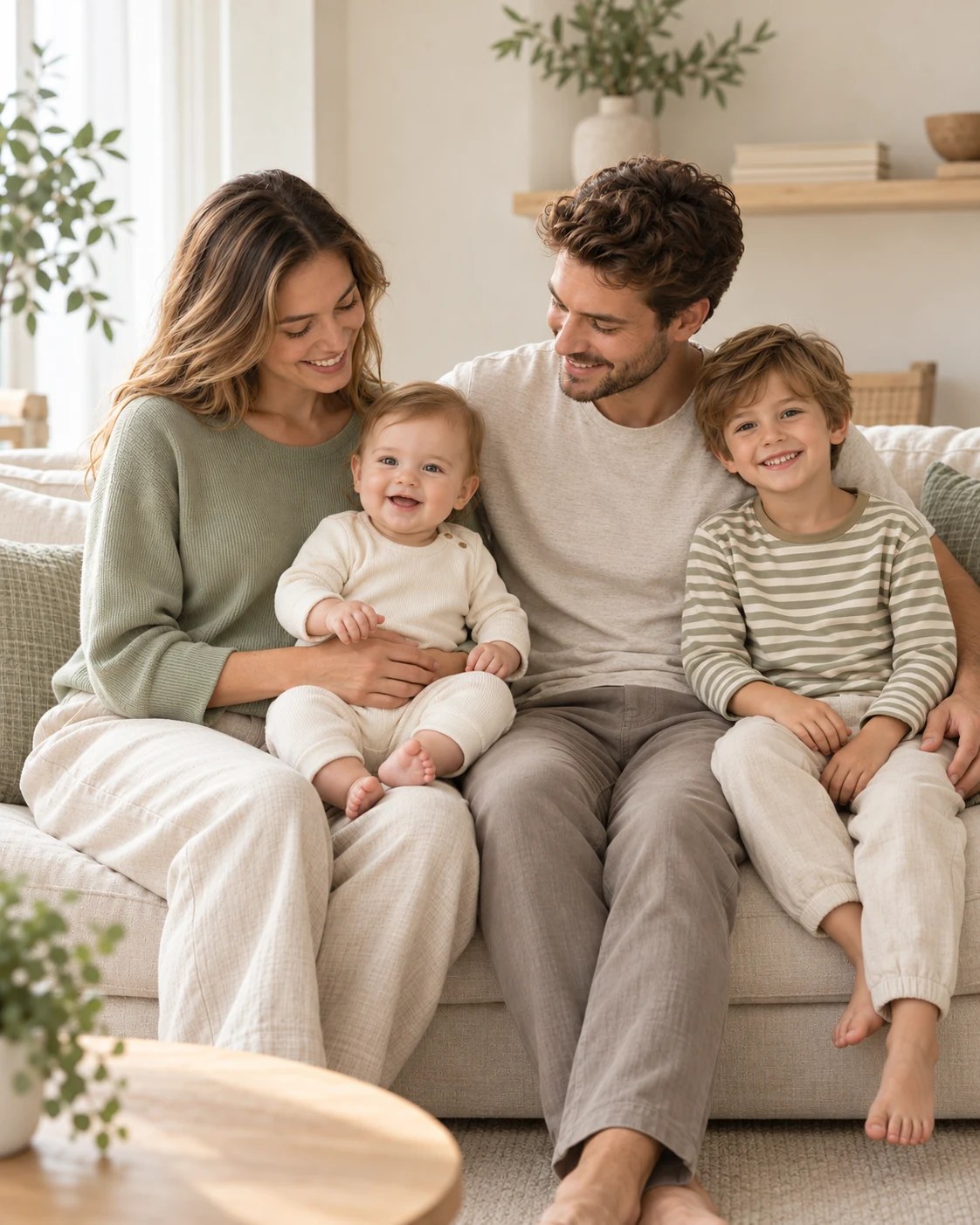 Vrouw, man, kind en baby samen in natuurlijke crème- en saliegroene tinten
