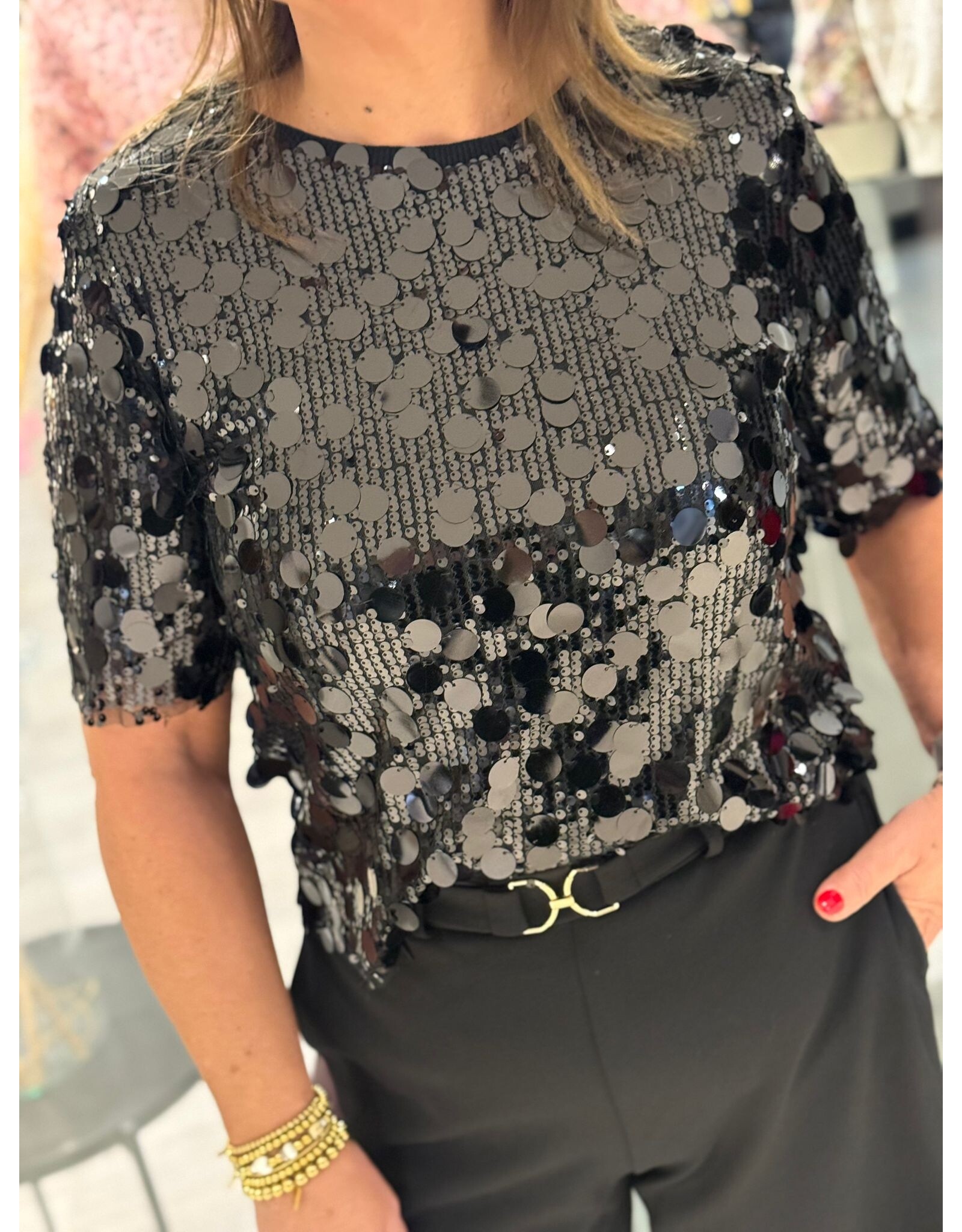 HEBBEZ Pailetten top met korte mouw Sophie - Zwart