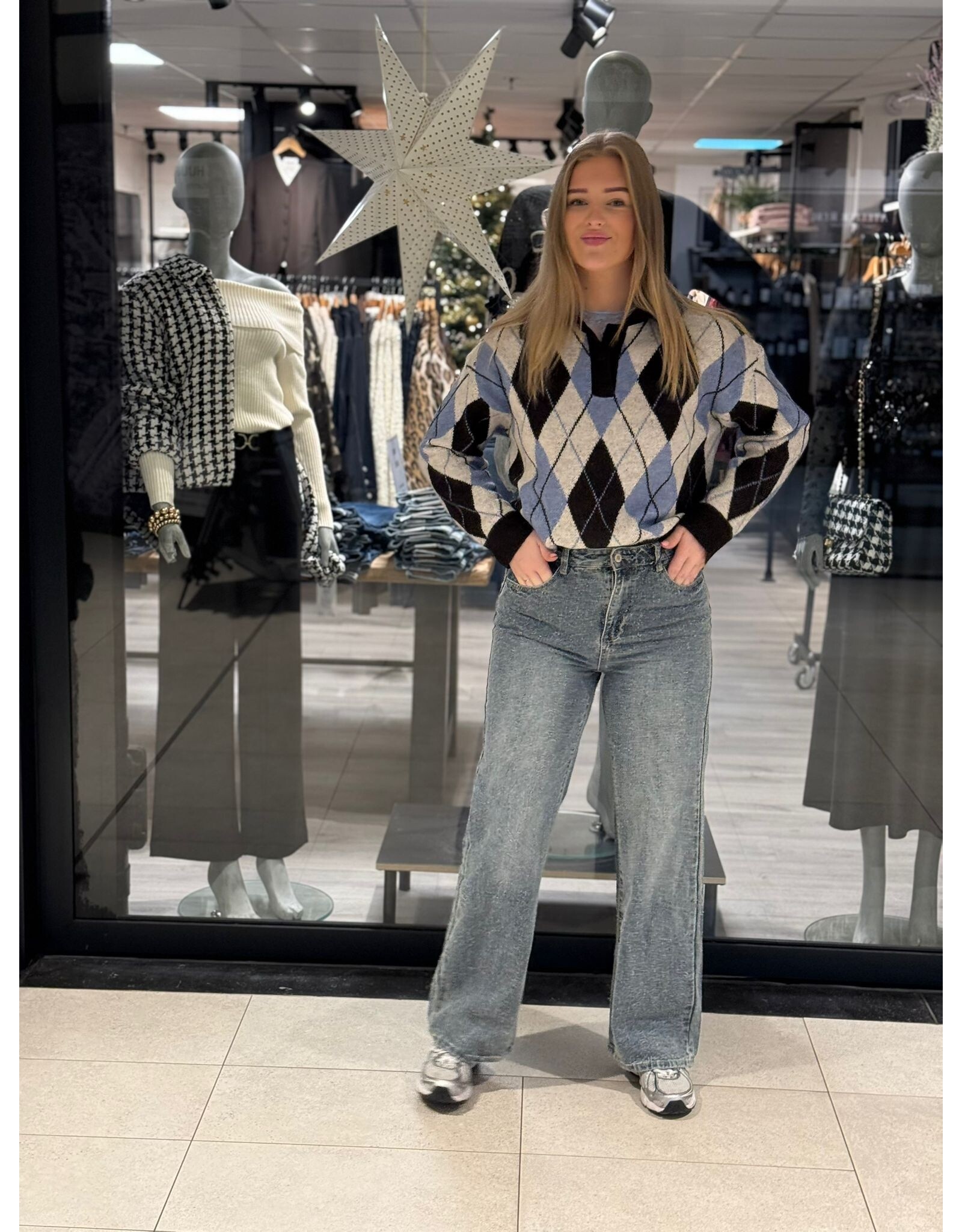 HEBBEZ Trui met kraag en argyle print Noor - Bruin | Lichtblauw