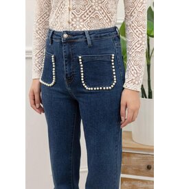 HEBBEZ Straight jeans met parels Anna - Donkerblauw