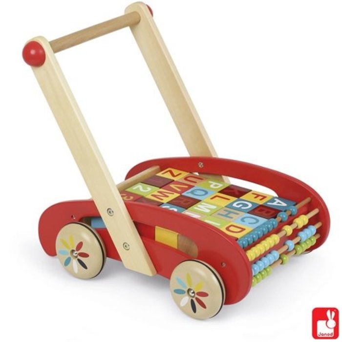 Janod abc buggy/duwkar met 30 blokken