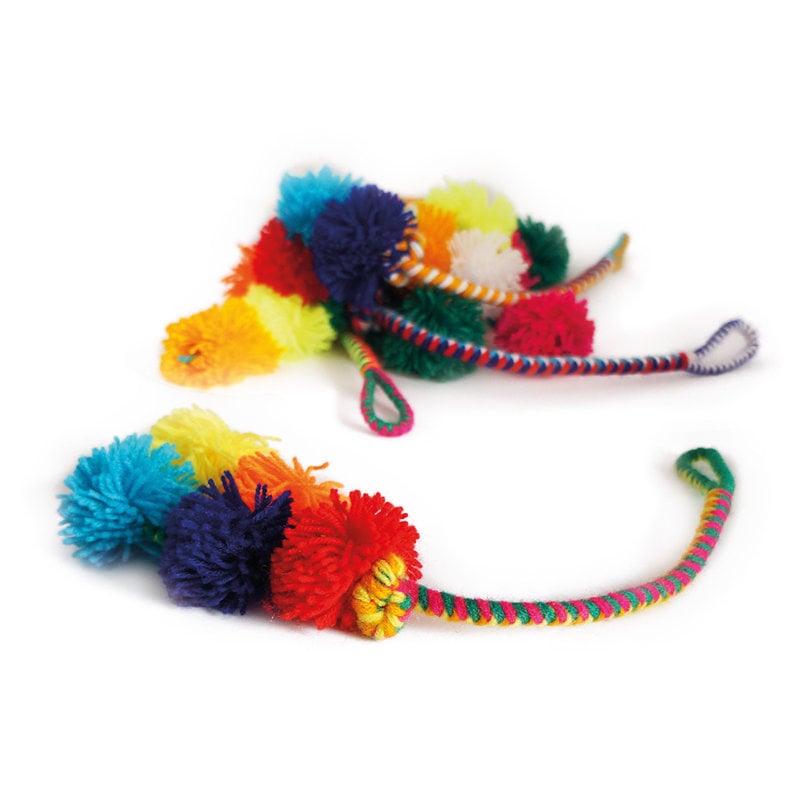 Brightly-coloured hanger with pom-poms