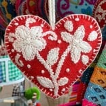 Heart decoration, red with cream, 100% sheep’s wool