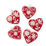 Hart decoratie, rood met creme, 100% wol