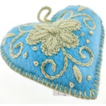 Heart decoration, turquoise with cream/green, 100% sheep's wool