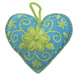 Heart decoration, turquoise with cream/green, 100% sheep's wool