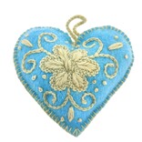 Heart decoration, turquoise with cream/green, 100% sheep's wool