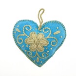Heart decoration, turquoise with cream/green, 100% sheep's wool