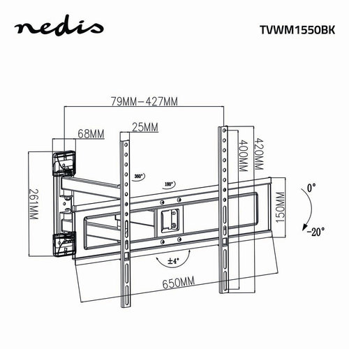 nedis Full-Motion TV-muurbeugel / 37 - 70" / Max. 35 kg / 3 scharnierpunten