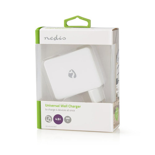nedis Wandoplader / 4,8 A / 4 uitgangen / USB-A / Wit nedis Wandoplader / 4,8 A / 4 uitgangen / USB-A / Wit