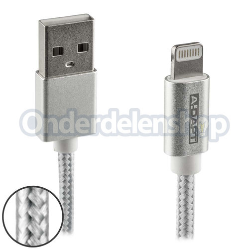 A-DAPT Data en laadkabel Apple Lightning MFI Nylon 1m zilver A-DAPT Data en laadkabel Apple Lightning MFI Nylon 1m zilver