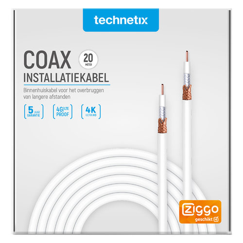 Technetix 20 mtr Coax  4G Proof, Ziggo, zonder stekkers