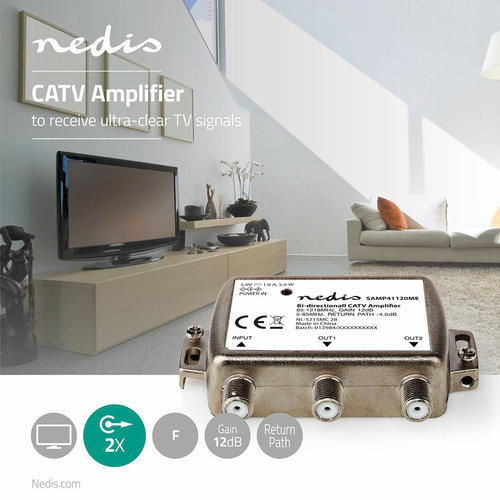 nedis CATV Versterker Max. 9 dB Versterking | 85 - 1218 MHz | 2 Uitgangen | Retourkanaal -4,5 dB | 5 - 65 MHz | F