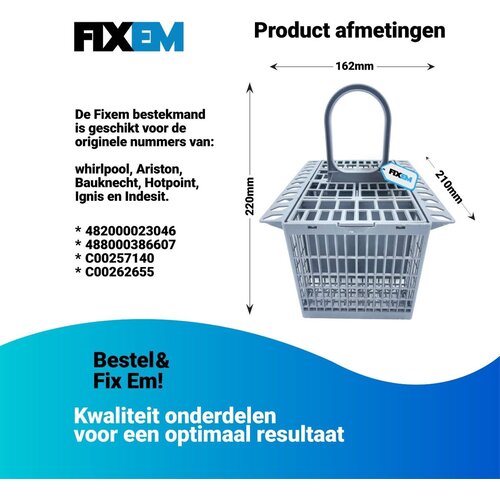 Fixem Fixem - Bestekmand - Whirlpool Ariston Bauknecht Hotpoint Ignis Indesit - 210x162x220mm - 8 Vakken - Sterk - Hittebestendig - 482000023046 488000386607 C00257140 C00262655