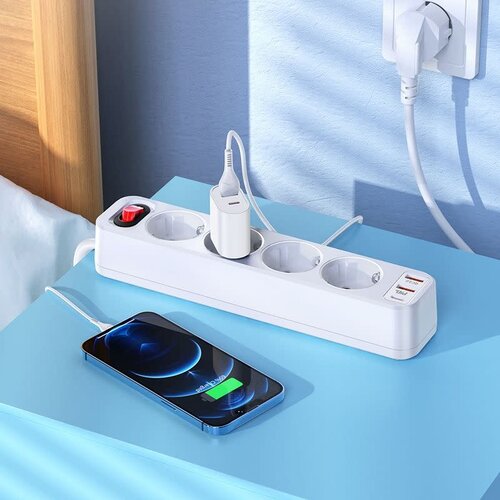 Hoco HOCO 4000W Verlengstekkerdoos - 4 Stopcontacten, Type-C PD20W, 2x USB 18W – 1.8m Kabel