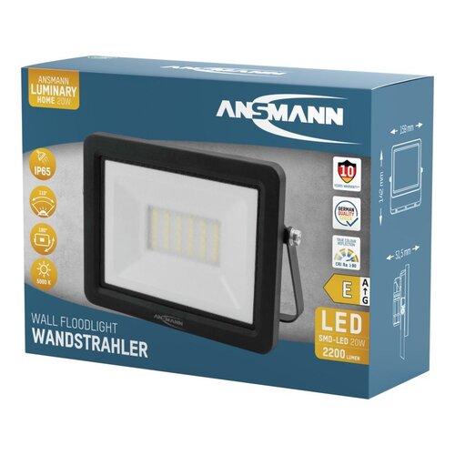 ANSMANN WFL20W Professionele Spotlight SMD LED 20W - 2200 Lumen - 5000K - IP65 - Zwart: Robuust, impactbestendig, en spatwaterdicht, ideaal voor werkruimtes, tuin, garage en bouwplaatsen. Verstelbare hoek tot 360°.