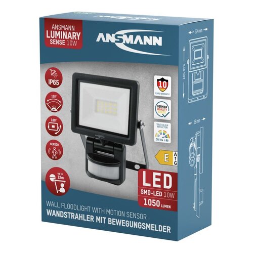 ANSMANN WFL10W-S Professionele LED Spotlamp met Bewegingssensor - 1050 Lumen - 5000K - IP65 - SMD-LED - 10W - 230V AC - Aluminium Behuizing - Ideaal voor Werkplaatsen, Tuinen, Garages