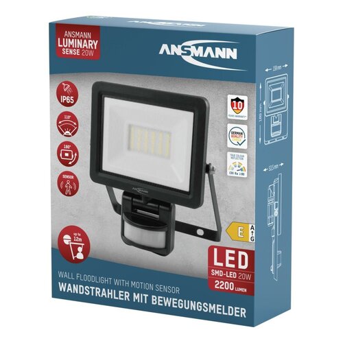 ANSMANN WFL20W-S Schijnwerper - SMD LED - Bewegingsdetector - 2200 Lumen - 5000K - IP65 - 230V - Aluminium Behuizing: Professionele verlichting met instelbare bewegingssensor, ideaal voor binnen en buiten.