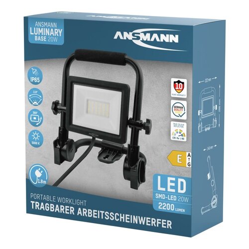 ANSMANN FL20W-AC Schijnwerper - 2200 Lumen - SMD LED-technologie - Kleurtemperatuur 5000K - IP65 Waterdicht - 20W - 230V AC - 180 cm Kabel - Robuust en Slagvast - Zwart