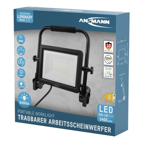 ANSMANN FL50W-AC Schijnwerper SMD LED - 50W - 5.400 Lumen - Kleurtemperatuur 5000K - IP65 Spatwaterdicht - 180 cm Kabel - Zwart - Voor Binnen en Buiten - Werkplaats, Bouwplaats, Tuin, Garage
