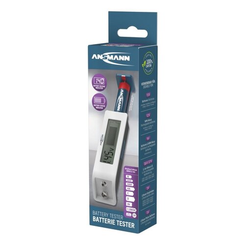 ANSMANN 1900-0110 - Batterijtester voor 1,2 V / 1,5 V / 3 V / 3,6 V accu’s - Geschikt voor AA, AAA, C, D, 9V, lithium, NiMH, NiCd - LCD-scherm met 22 segmenten - Geen voeding nodig