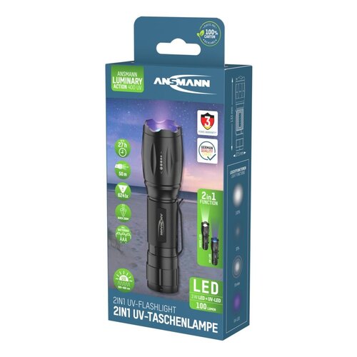 ANSMANN Action 400 UV Zaklamp - 100 Lumen - 395-400 nm UV-licht - Traploos Focus - 4 Lichtstanden - Gripvast - 8 tot 27 uur gebruikstijd ANSMANN Action 400 UV Zaklamp - 100 Lumen - 395-400 nm UV-licht - Traploos Focus - 4 Lichtstanden - Gripvast - 8 tot 27 uur gebruikstijd